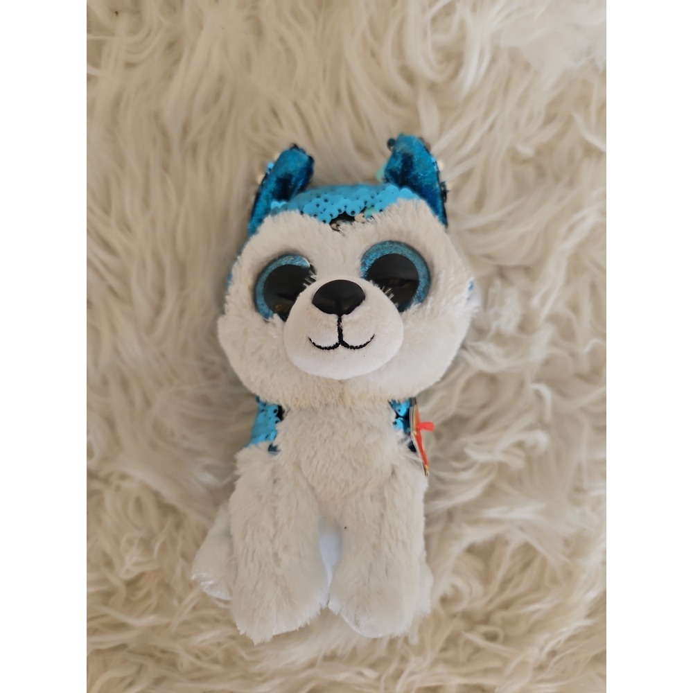 Ty Slush Husky Flippables Beanie Boo Plush 7" Blue Silver Sequin Puppy Dog NWT